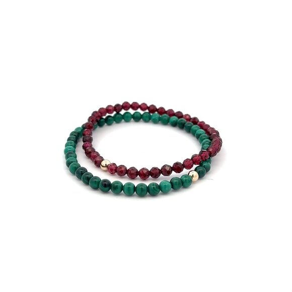 RAFANTHIA Jewelry - Garnet & Malachite Gemstone Stretch Bracelet with 14K Gold Accent Bead Handmade